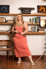 Curvy Midi Dress in Peach, Beige, and Brown Street Slim Knit with Pockets and Adjustable Straps - Accyoli Concept Fashion