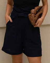 Elegant Long Linen Shorts with Pockets and Belt - Accyoli Concept Fashion