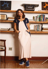 Fit Long Knit Dress in Off - White and Navy with Front Pockets - Accyoli Concept Fashion