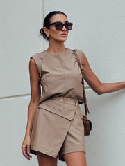 Light Brown Viscose Set with Asymmetrical Skirt and Tank Top with Front Pockets - Accyoli Concept Fashion