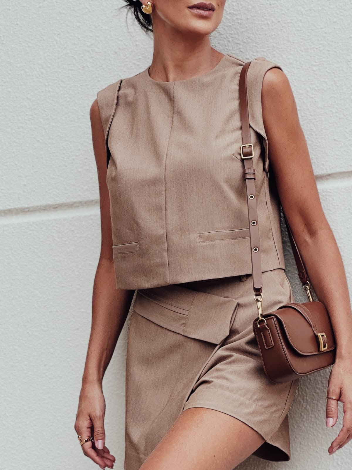 Light Brown Viscose Set with Asymmetrical Skirt and Tank Top with Front Pockets - Accyoli Concept Fashion