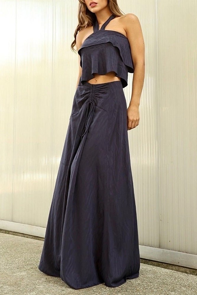 Navy Blue Viscose Set with Draped Long Skirt and Ruffled Tie - Top - Accyoli Concept Fashion