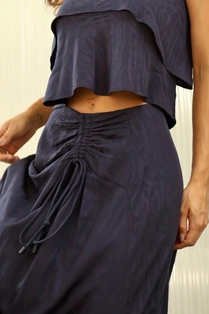 Navy Blue Viscose Set with Draped Long Skirt and Ruffled Tie - Top - Accyoli Concept Fashion